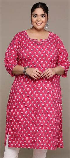 Summer Pink and Majenta color Kurti in Cotton fabric with Straight Floral, Mirror, Printed, Resham, Thread work : 1940293