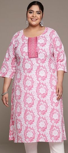 Summer Pink and Majenta color Kurti in Cotton fabric with Straight Printed, Resham, Sequence, Thread work : 1940303