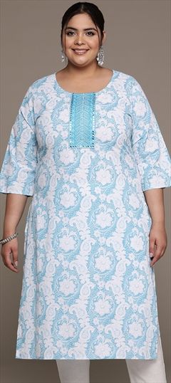 Summer Blue color Kurti in Cotton fabric with Straight Floral, Printed, Resham, Thread work : 1940304