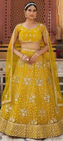Festive, Reception, Wedding Yellow color Lehenga in Net fabric with Flared Embroidered, Sequence, Thread work : 1940307