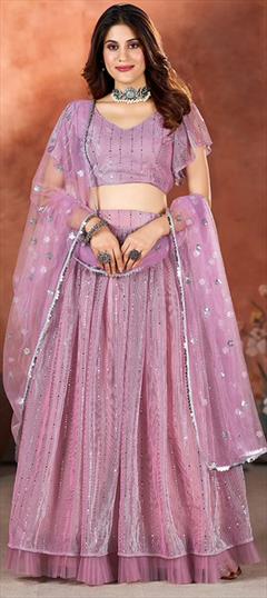 Festive, Reception, Wedding Purple and Violet color Lehenga in Net fabric with Flared Sequence work : 1940313