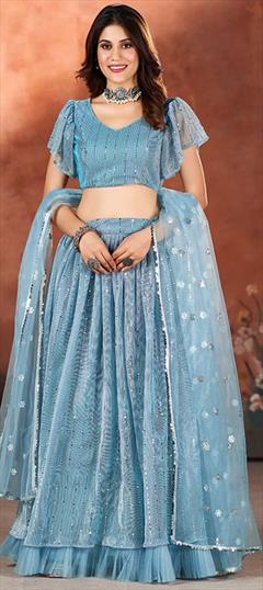 Festive, Reception, Wedding Blue color Lehenga in Net fabric with Flared Sequence work : 1940314