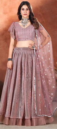 Festive, Reception, Wedding Pink and Majenta color Lehenga in Net fabric with Flared Sequence work : 1940315