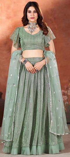 Festive, Reception, Wedding Green color Lehenga in Net fabric with Flared Sequence work : 1940316