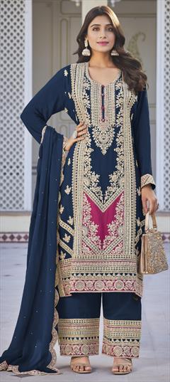 Mehendi Sangeet, Reception, Wedding Blue color Salwar Kameez in Silk fabric with Palazzo, Straight Embroidered, Stone, Thread, Zari work : 1940322