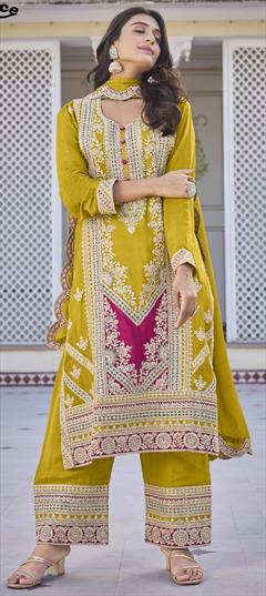 Mehendi Sangeet, Reception, Wedding Yellow color Salwar Kameez in Silk fabric with Palazzo, Straight Embroidered, Stone, Thread, Zari work : 1940323