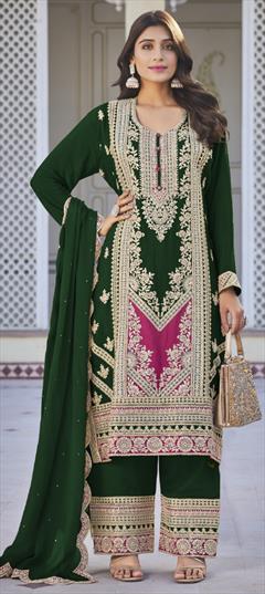 Mehendi Sangeet, Reception, Wedding Green color Salwar Kameez in Silk fabric with Palazzo, Straight Embroidered, Stone, Thread, Zari work : 1940324