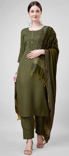 Festive, Party Wear Green color Salwar Kameez in Blended Cotton fabric with Straight Embroidered, Sequence, Thread work : 1940328