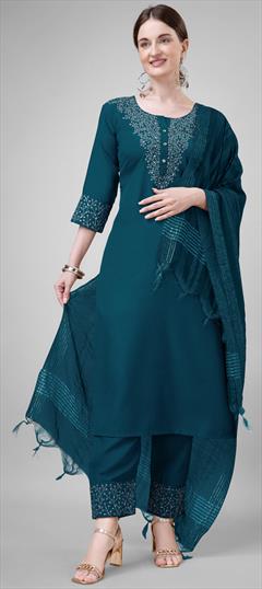 Festive, Party Wear Blue color Salwar Kameez in Blended Cotton fabric with Straight Embroidered, Sequence, Thread work : 1940329