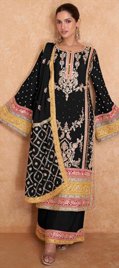 Festive, Reception, Wedding Black and Grey color Salwar Kameez in Silk fabric with Palazzo, Straight Embroidered, Stone, Thread work : 1940335