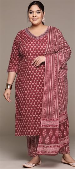 Festive, Summer Red and Maroon color Salwar Kameez in Cotton fabric with Straight Embroidered, Floral, Printed, Resham, Thread work : 1940341