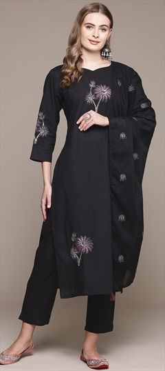 Festive, Summer Black and Grey color Salwar Kameez in Cotton fabric with Embroidered, Resham, Sequence, Thread, Zari work : 1940348
