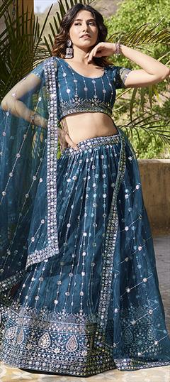 Festive, Reception, Wedding Blue color Lehenga in Net fabric with Flared Embroidered, Sequence, Thread work : 1940411