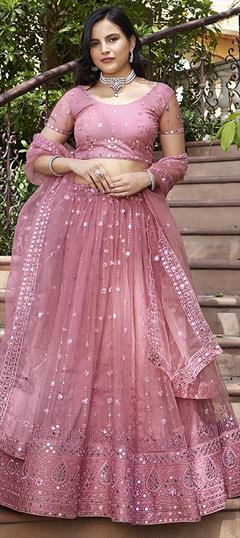 Festive, Reception, Wedding Pink and Majenta color Lehenga in Net fabric with Flared Embroidered, Sequence, Thread work : 1940417