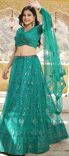 Festive, Reception, Wedding Blue color Lehenga in Net fabric with Flared Embroidered, Sequence, Thread work : 1940421