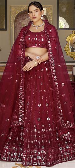 Festive, Reception, Wedding Red and Maroon color Lehenga in Net fabric with Flared Embroidered, Sequence, Thread work : 1940422