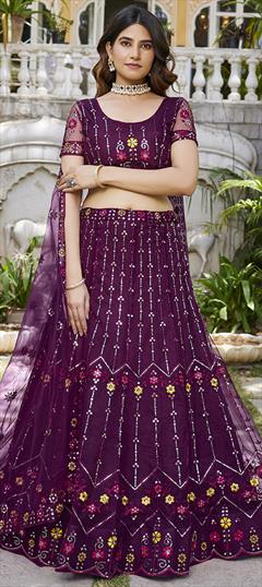 Festive, Reception, Wedding Purple and Violet color Lehenga in Net fabric with Flared Embroidered, Sequence, Thread work : 1940423