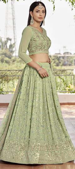 Engagement, Reception, Wedding Green color Lehenga in Georgette fabric with Flared Fancy Work work : 1940424