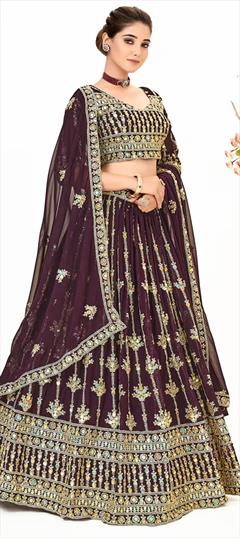 Engagement, Reception, Wedding Purple and Violet color Lehenga in Georgette fabric with Flared Fancy Work work : 1940425