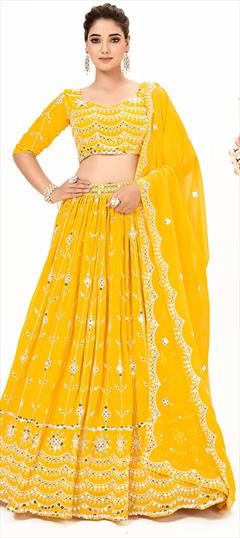 Engagement, Reception, Wedding Yellow color Lehenga in Georgette fabric with Flared Fancy Work work : 1940427