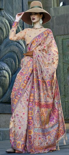 Festive, Reception, Traditional Beige and Brown color Saree in Organza Silk fabric with Classic Weaving work : 1940430