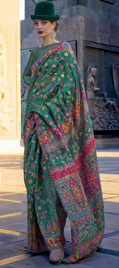 Festive, Reception, Traditional Green color Saree in Organza Silk fabric with Classic Weaving work : 1940434