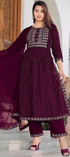 Festive, Reception Red and Maroon color Salwar Kameez in Rayon fabric with A Line Embroidered, Thread work : 1940590