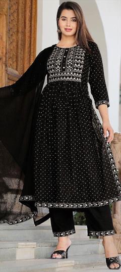 Festive, Reception Black and Grey color Salwar Kameez in Rayon fabric with A Line Embroidered, Thread work : 1940591