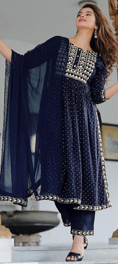 Festive, Reception Blue color Salwar Kameez in Rayon fabric with A Line Embroidered, Thread work : 1940592