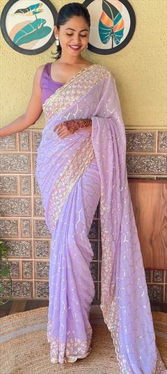 Reception, Wedding Purple and Violet color Saree in Georgette fabric with Classic Embroidered, Sequence, Thread work : 1940623