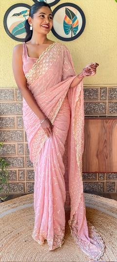Reception, Wedding Pink and Majenta color Saree in Georgette fabric with Classic Embroidered, Sequence, Thread work : 1940626
