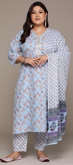 Festive, Party Wear Blue color Salwar Kameez in Cotton fabric with Straight Printed, Sequence, Thread, Zari work : 1940688