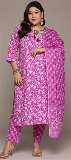Festive, Party Wear Purple and Violet color Salwar Kameez in Cotton fabric with Straight Embroidered, Floral, Printed, Thread, Zari work : 1940689