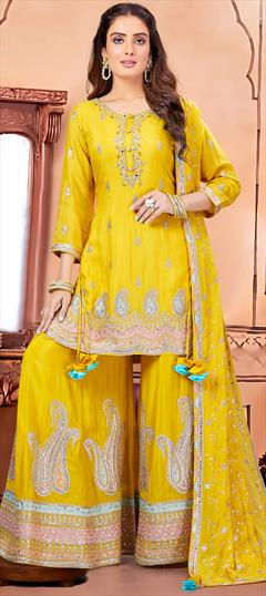 Designer, Reception, Wedding Yellow color Salwar Kameez in Georgette fabric with Palazzo, Straight Embroidered, Patch, Thread work : 1940814