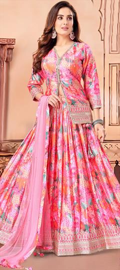 Designer, Reception, Wedding Pink and Majenta color Long Lehenga Choli in Silk fabric with Embroidered, Floral, Printed, Thread, Zari work : 1940816