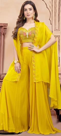 Designer, Reception, Wedding Yellow color Salwar Kameez in Georgette, Silk fabric with Bugle Beads, Sequence work : 1940817