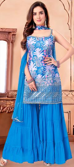 Designer, Reception, Wedding Blue color Salwar Kameez in Silk fabric with Sharara, Straight Printed, Sequence work : 1940818
