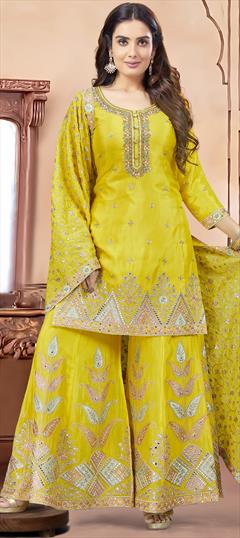 Designer, Reception, Wedding Yellow color Salwar Kameez in Silk fabric with Palazzo, Straight Bugle Beads, Sequence, Thread work : 1940819