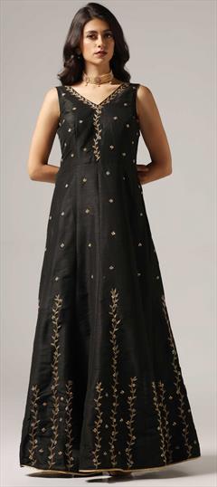 Festive, Party Wear, Reception Black and Grey color Gown in Raw Silk fabric with Cut Dana, Resham, Sequence, Zari work : 1940823