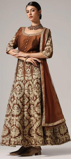 Festive, Party Wear, Reception Beige and Brown color Salwar Kameez in Raw Silk fabric with Anarkali Aari, Embroidered, Sequence, Stone, Zari work : 1940827