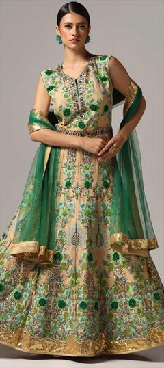 Festive, Party Wear, Reception Gold color Salwar Kameez in Raw Silk fabric with Anarkali Resham, Sequence, Stone, Thread, Zari work : 1940835