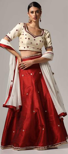 Festive, Reception, Wedding Red and Maroon, White and Off White color Ready to Wear Lehenga in Raw Silk fabric with Flared Mirror, Zari work : 1940837