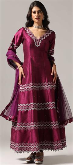 Festive, Reception, Wedding Purple and Violet color Salwar Kameez in Raw Silk fabric with Anarkali, Churidar Embroidered, Resham, Zari work : 1940838
