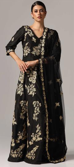 Festive, Party Wear, Reception Black and Grey color Salwar Kameez in Raw Silk fabric with Anarkali Aari, Stone, Zari work : 1940843