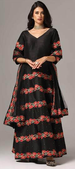 Festive, Party Wear, Reception Black and Grey color Salwar Kameez in Raw Silk fabric with Anarkali Aari, Stone work : 1940845