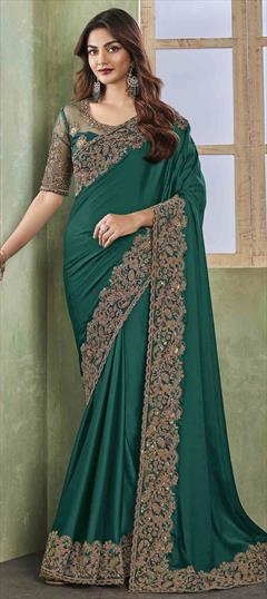 Reception, Traditional, Wedding Green color Saree in Silk fabric with South Embroidered, Sequence, Thread, Zari work : 1940964
