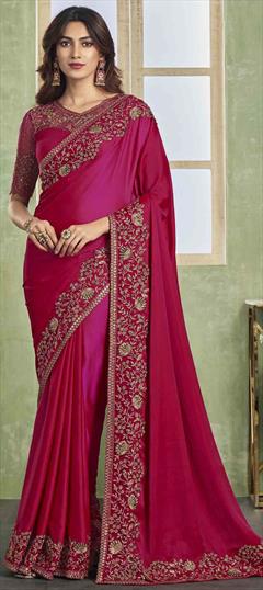 Reception, Traditional, Wedding Pink and Majenta color Saree in Silk fabric with South Embroidered, Resham, Sequence, Thread work : 1940965