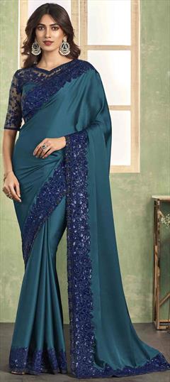 Reception, Traditional, Wedding Blue color Saree in Silk fabric with South Embroidered, Resham, Sequence, Thread work : 1940969