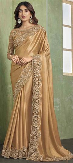 Reception, Traditional, Wedding Beige and Brown color Saree in Satin Silk fabric with Classic Embroidered, Resham, Sequence, Thread work : 1940970