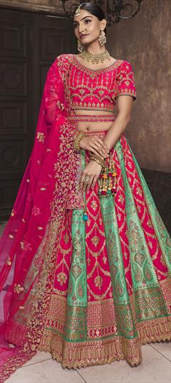 Bridal, Engagement, Wedding Green, Pink and Majenta color Lehenga in Silk fabric with Flared Embroidered, Sequence, Thread, Weaving, Zari work : 1940992